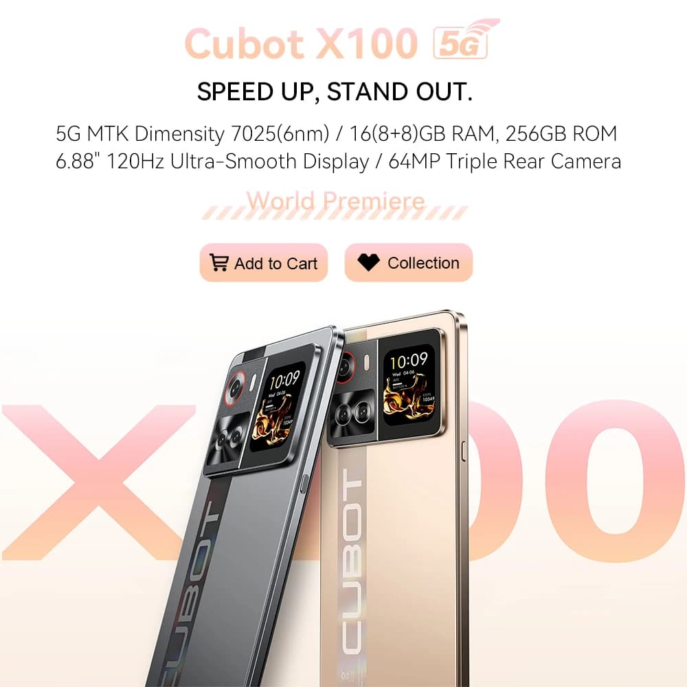 Smartphone Android da 6,88 pollici 5G Cubot X100, Dimensity 7025, 6 nm, 2,5 GHz, 16 GB (8 + 8), 256 GB, fotocamera 64 MP, batteria da 5100 mAh, NFC