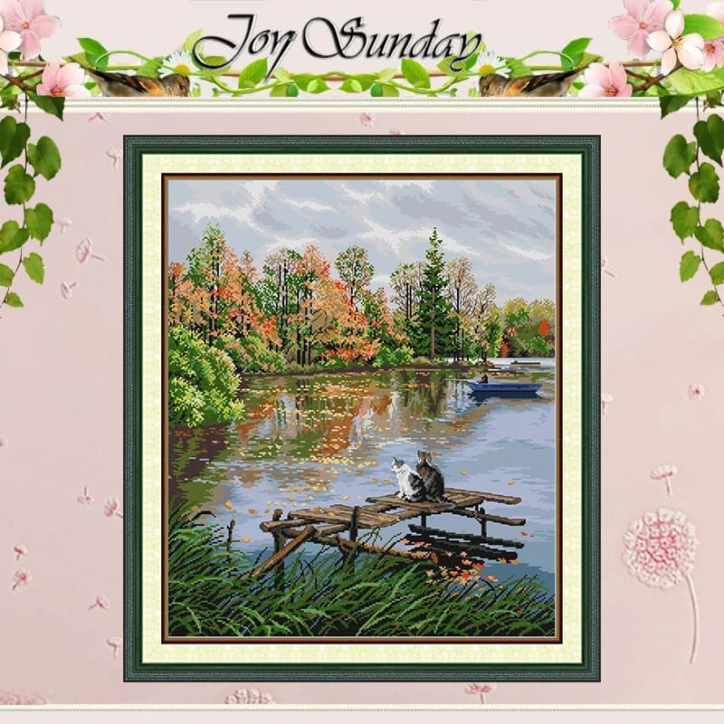 Two Kittens By The River Patterns Counted Cross Stitch Set DIY 11CT 14CT 16CT Stamped DMC Cross-stitch Kit Embroidery Needlework