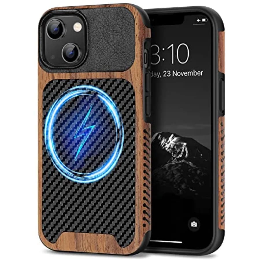 Magnetic Case Compatible with iPhone 14 Case Wood Grain with Carbon Fiber Texture Design Leather Hybrid Slim Cover Compatible w