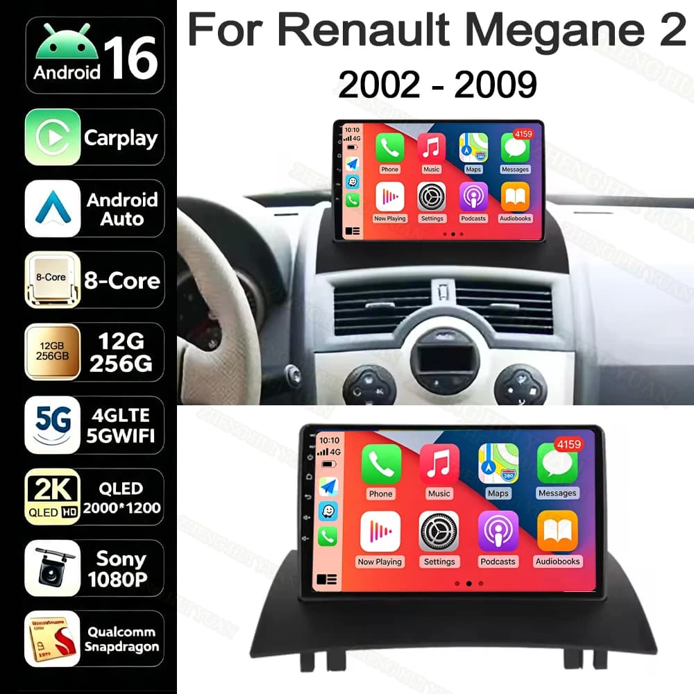Android 16 Carplay Auto For Renault Megane 2 2002 2003 - 2008 2009 Multimedia Car Radio Player WIFI+4G Stereo Autoradio Wireless