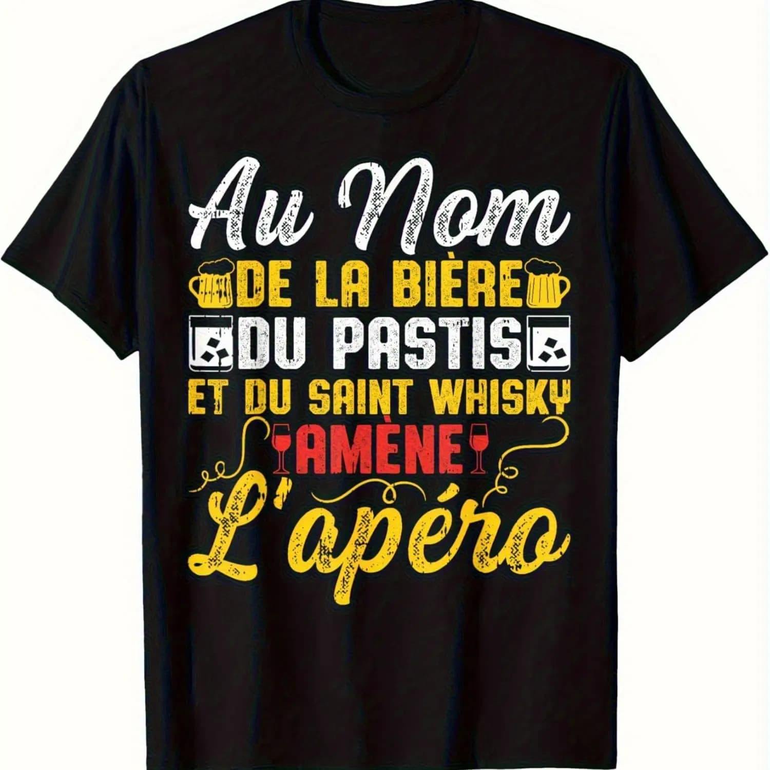 T-shirt divertente con stampa di birra francese e pastis per uomo, Au Nom De La Biere Et Du Pastis, grafica nera con boccale di birra
