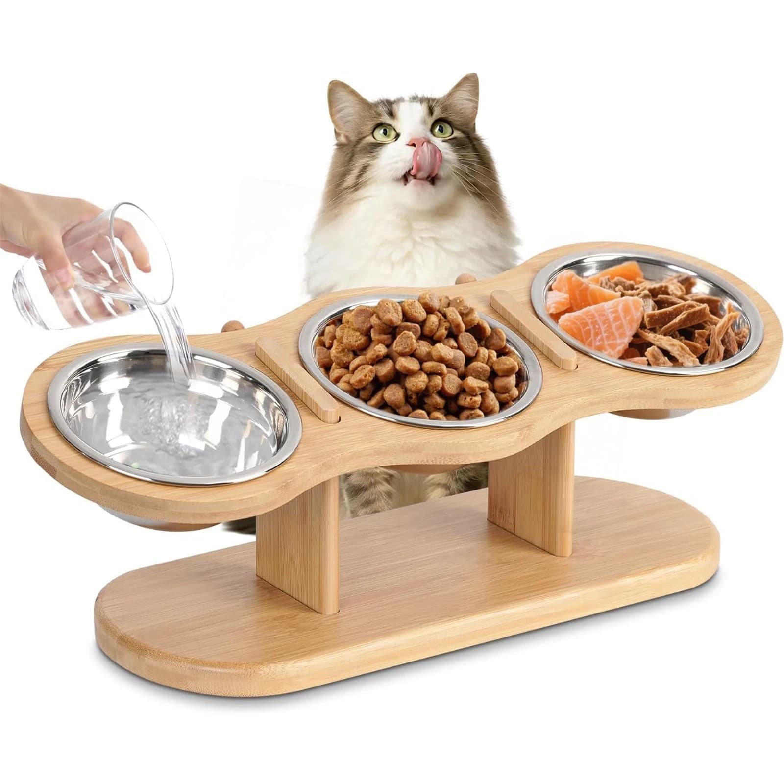 Ciotole per gatti rialzate Alimentatore rialzato con supporto in legno con 3 ciotole in acciaio inossidabile Forniture per alimentazione e irrigazione per accessori per gatti cuccioli