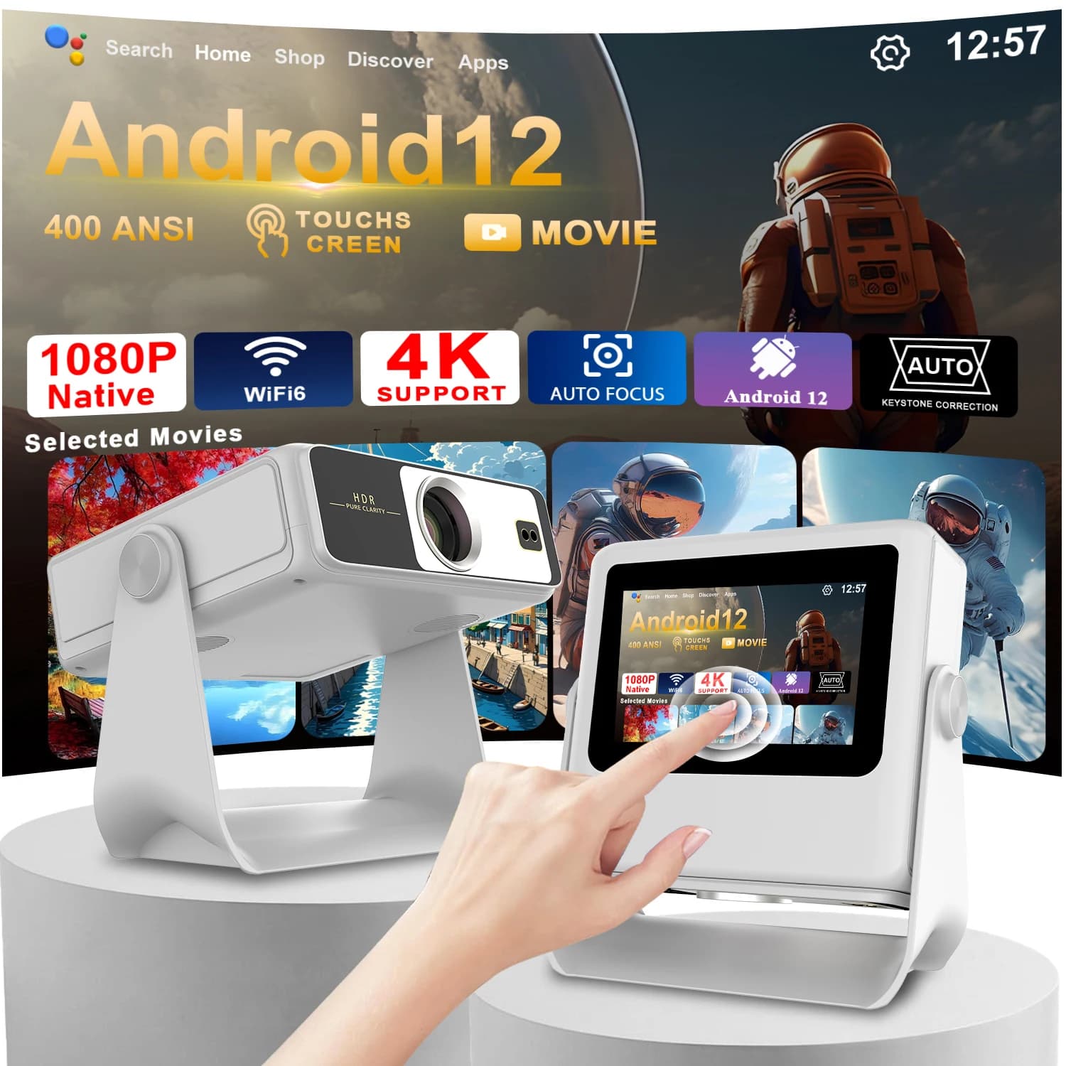 Portable 7" Smart Projector Android 12 1080P 4K Auto Focus 180° Rotation HDMI USB BT WiFi Phone Sync Gift Box