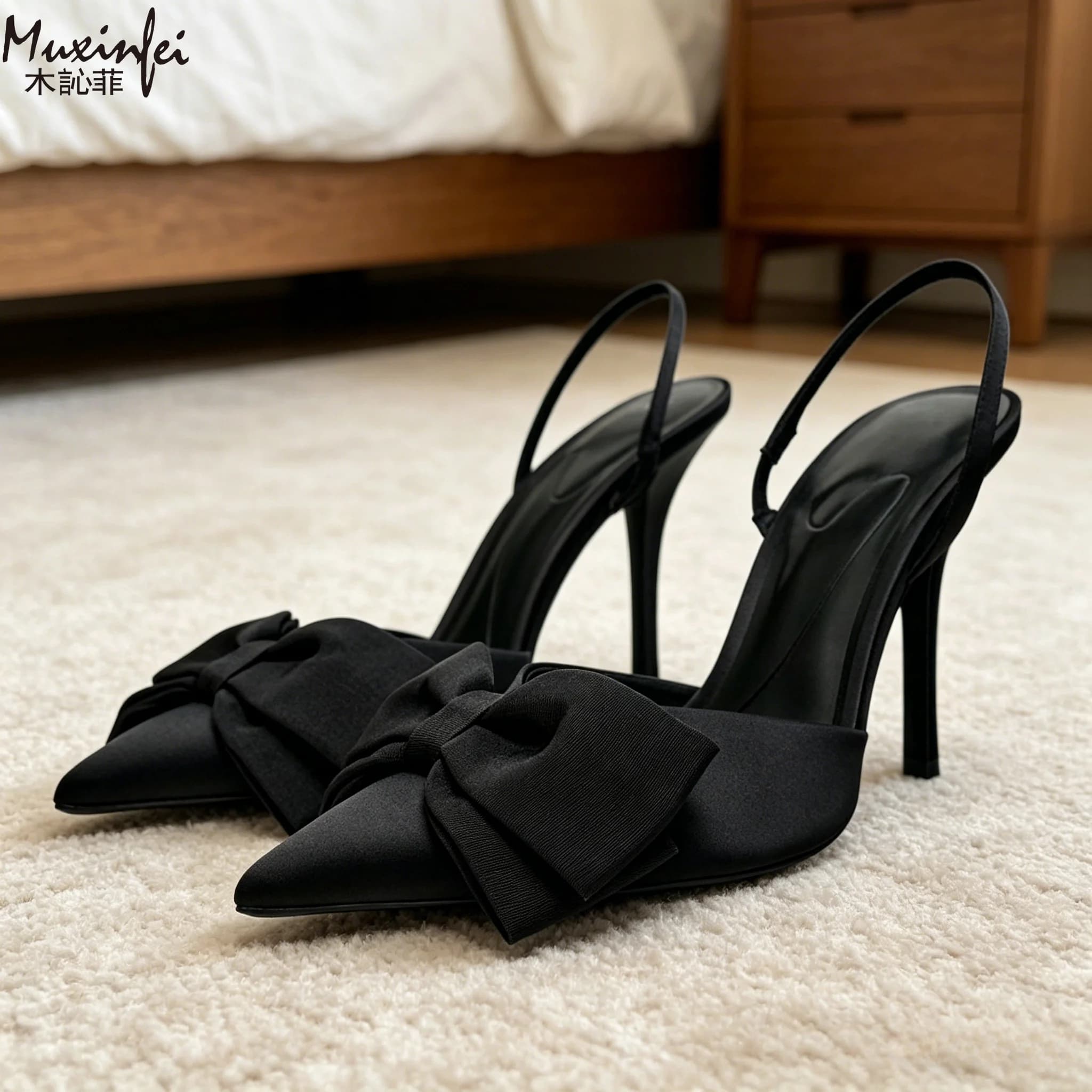 Spring 2026 pointed bow high heels, black toe sandals, fashionable and sexy women's shoes, slim heels