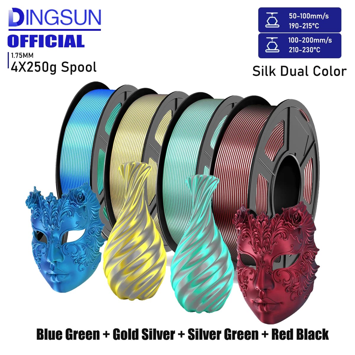 3D Printer Filament in PLA Bicolor Silk Effect 1.75mm, 2-in-1 Construction with Color Change, Compatible with Most FDM Printers