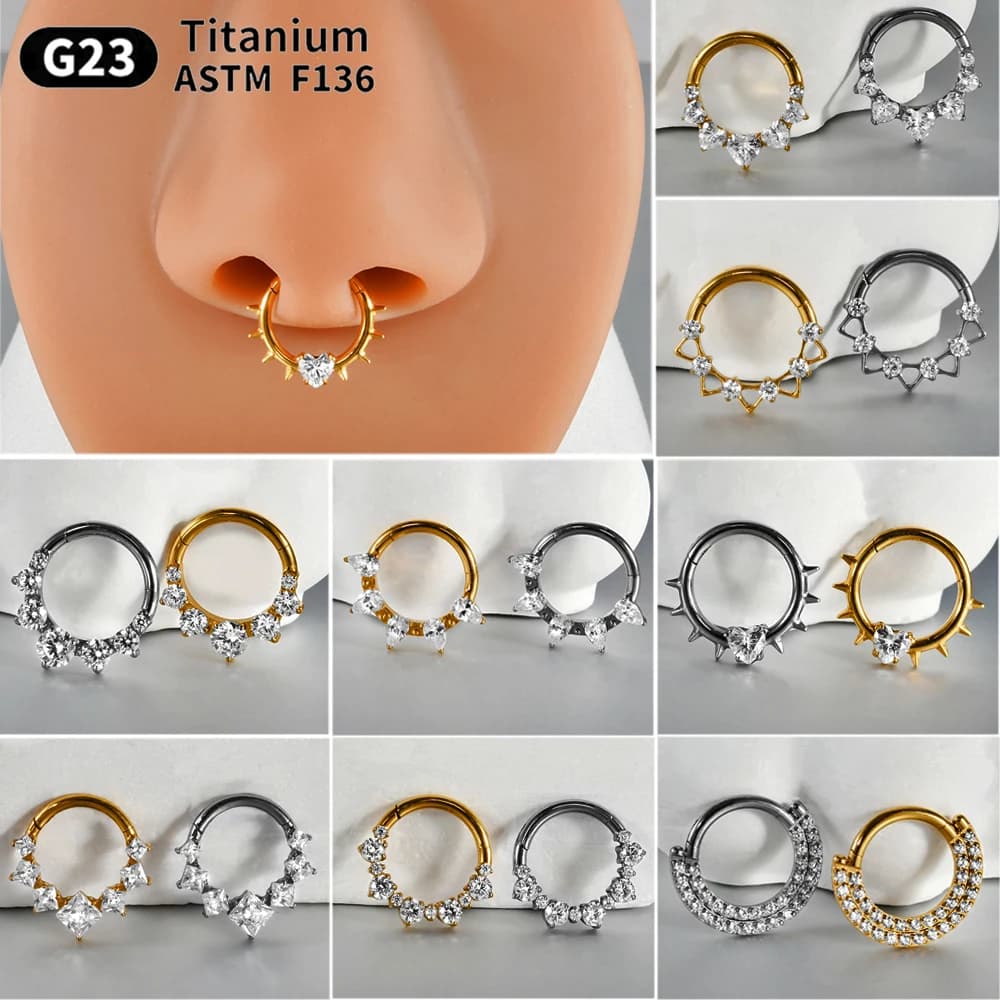 1PC Spikes Cuore Incernierato Setto Clicker Anello Al Naso Solido Titanio Intagliato Cz Cartilagine Hoop Waterdrop Daith Helix Orecchino Penetrante