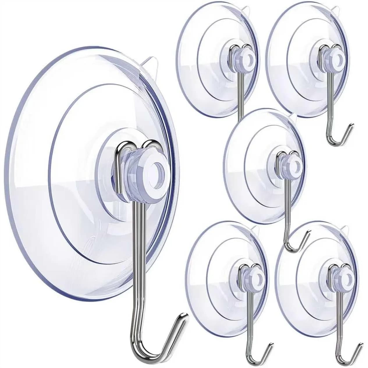 Suction Cup Hooks, 6 Pack Clear PVC Hooks for Bathroom Shower Kitchen Glass Window Decor, Reusable Removable Hooks with