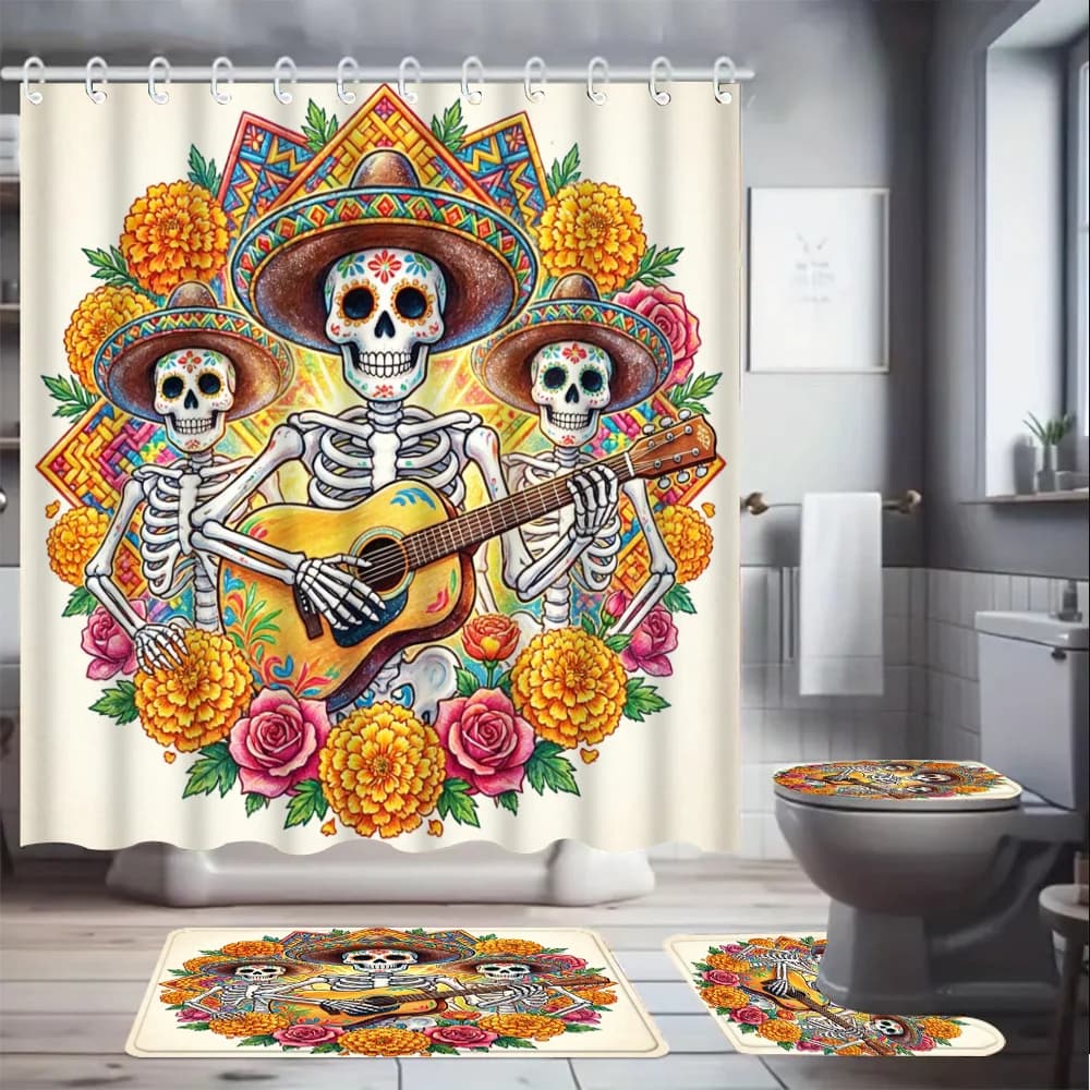 Vibrant Dia de Muertos Skeleton Skull Shower Curtain Mexican Bohemian Art Day of the Dead Boho Tropical Guitar Bathroom Decor