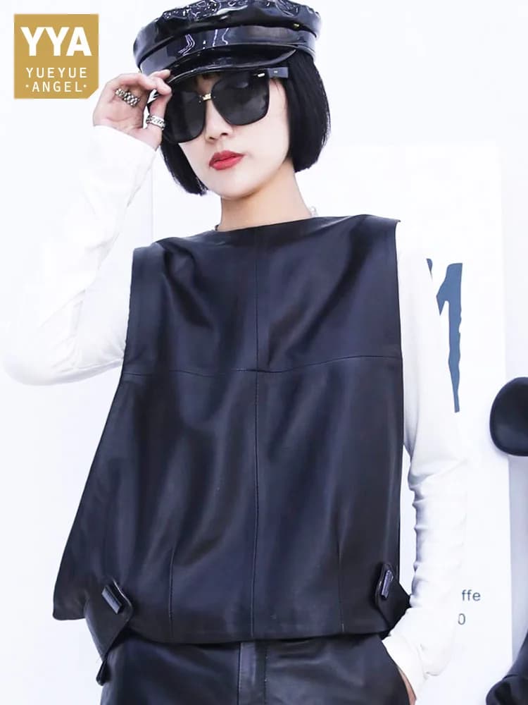 Gilet da donna in vera pelle di pecora pullover ampio senza maniche giacca da donna autunno gilet corto in pelle streetwear top