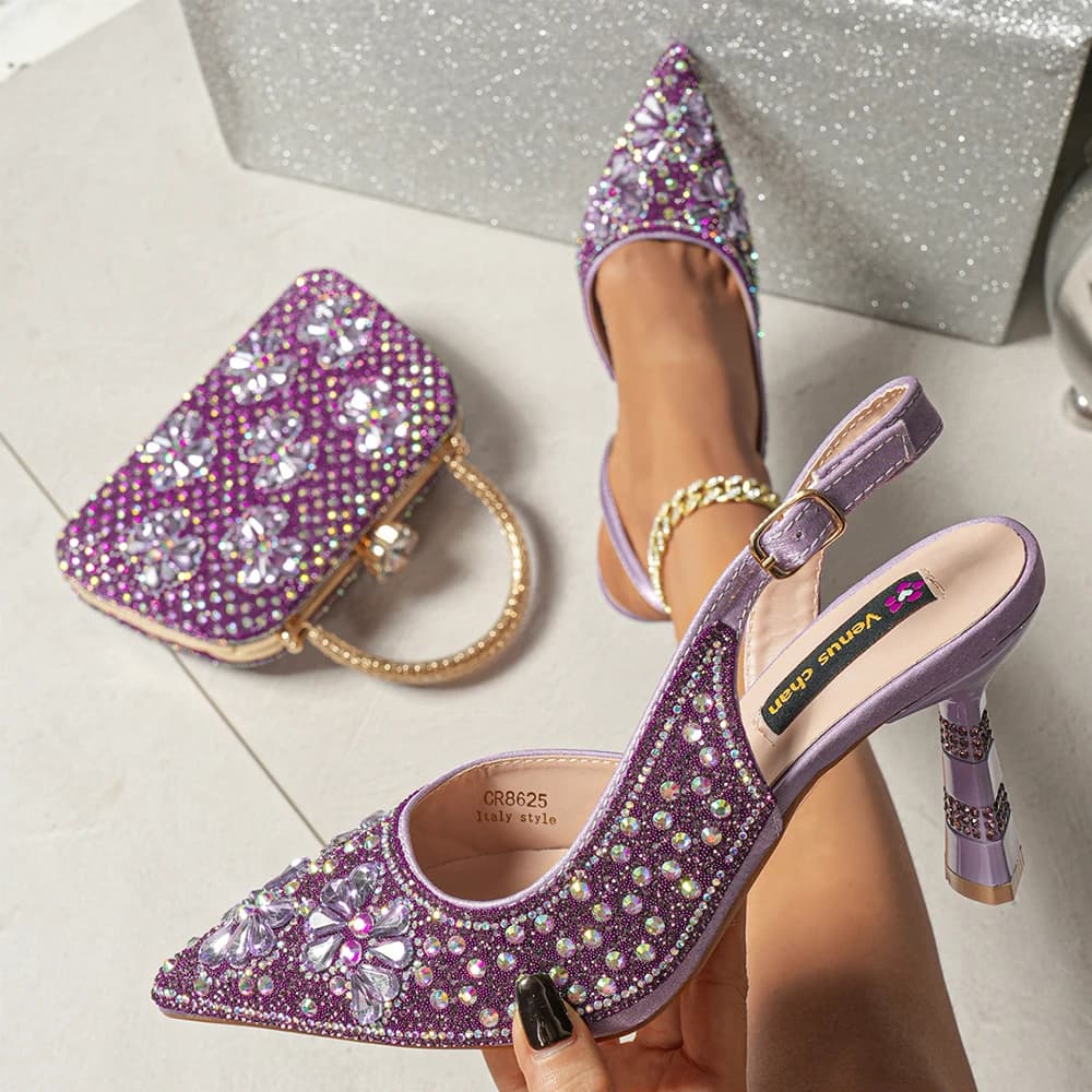 Venus Chan 2025 Purple Party Shoes Set with High Heel and Women's Rhinestone Bag - Italian Design Wedding Style