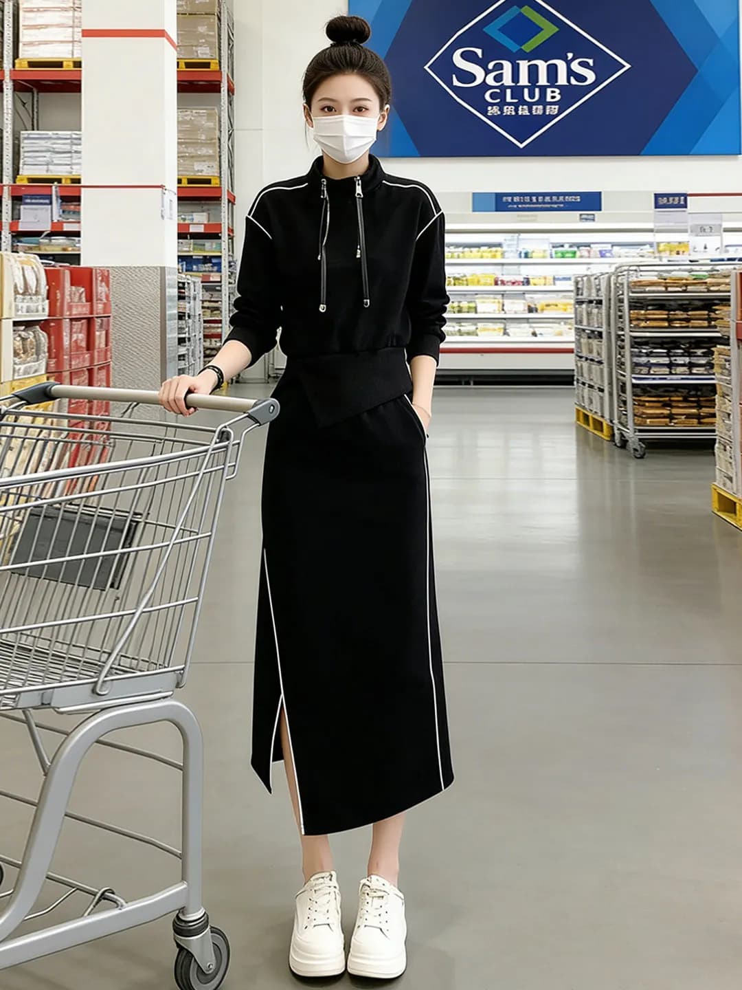 Fashionable Casual Outfit Women's Spring New Black Long Sleeve Hoodie Split Skirt Slimming Two Piece Set High Waist Midi...