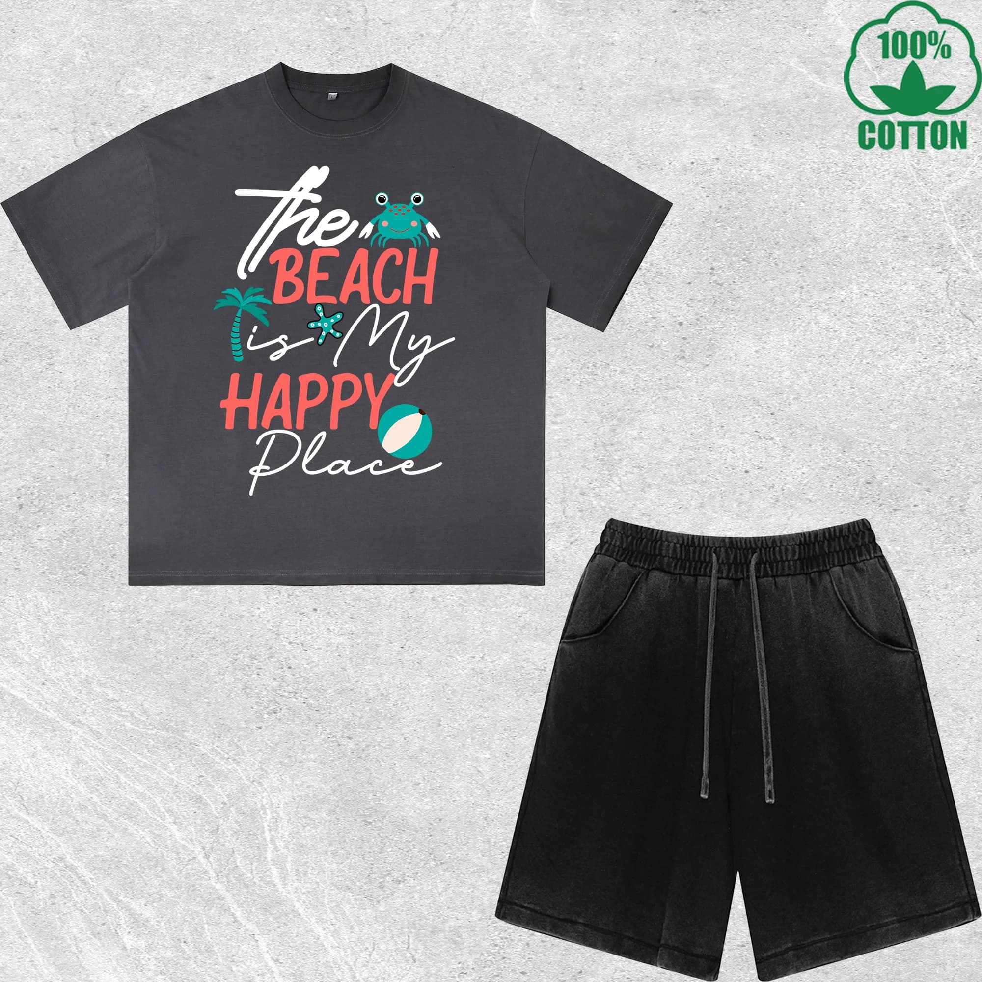 Set T-shirt e Pantaloncini Stampati 'The Beach Is My Happy Place' in Cotone 100% Nero, Stile Trendy e Comodo