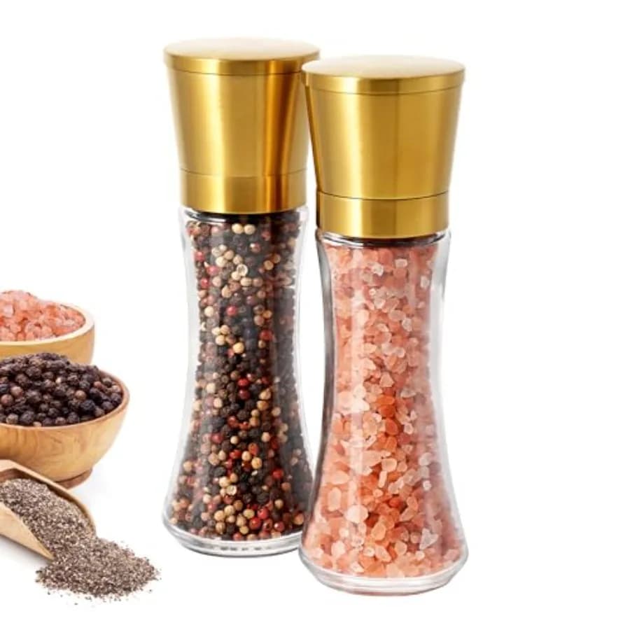 Set Macinapepe e Macinasale in Acciaio Inox Dorato, Macina Spezie Regolabile con Meccanismo in Ceramica per Cucina