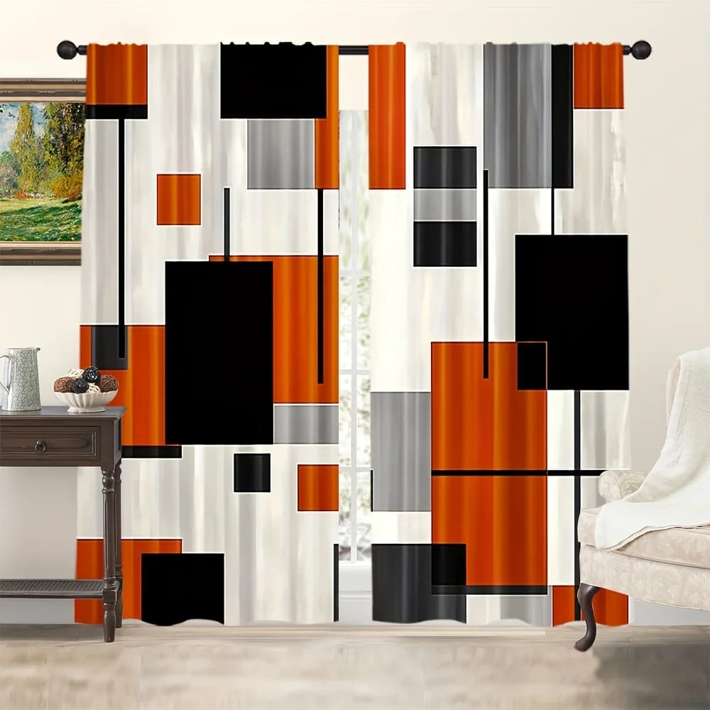 2D Flat, 35x90in*2pcs 2pcs Modern Geometric Abstract Art Curtains, 100% Polyester, Rod Pocket Design, Bold Orange, Black & Gray
