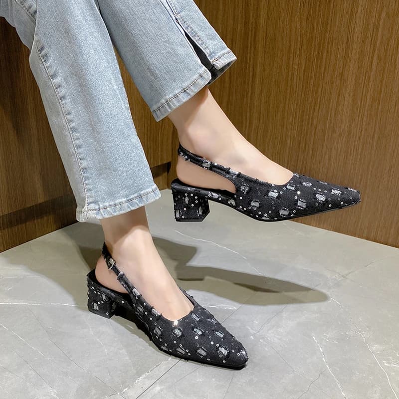 Women's 2026 New Pointed Toe French Slip-on Shallow Mouth High-heeled Sandals Spring and Summer Large Size Sequined Sandals