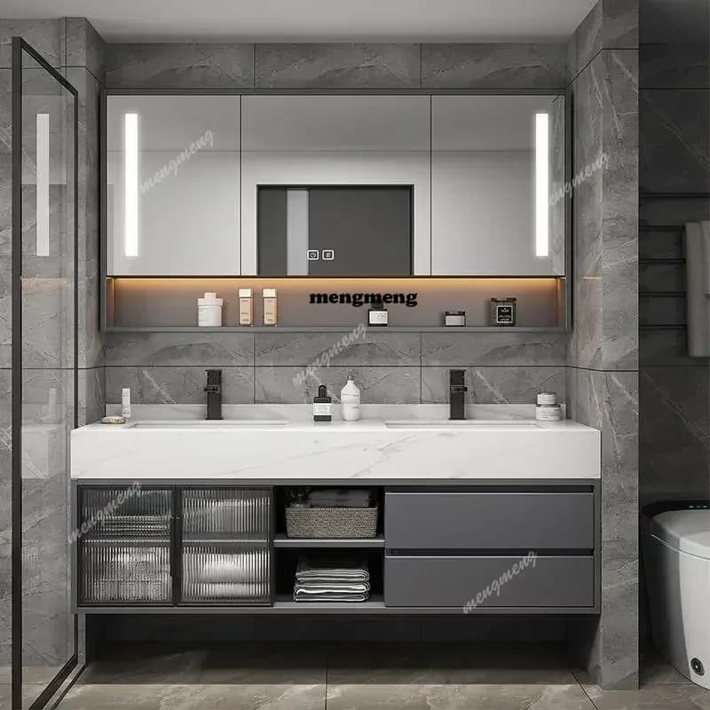 Mobile bagno doppio lavabo in ardesia, lavabo semplice, mobile lavabo moderno, combinazione lavabo intelligente con specchio integrato