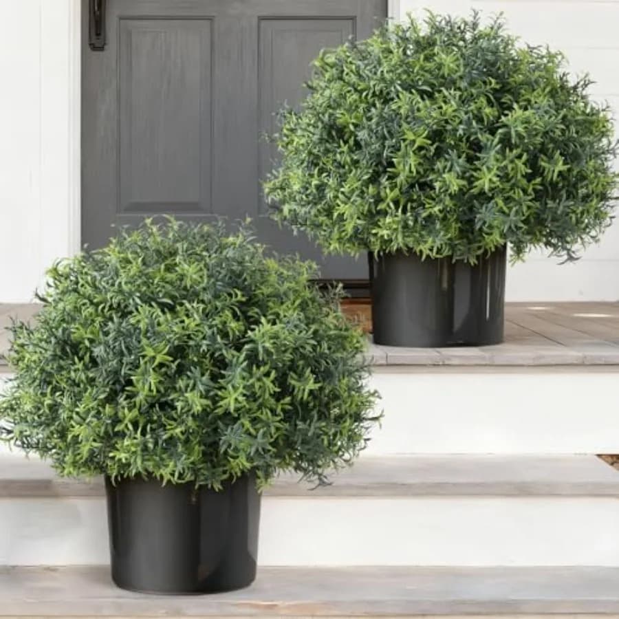 2 Set of Artificial Rosemary Trees in Ball for Entrance Door - Plants from Exterior Resistant to UV Rays in Spring/Summer Vase
