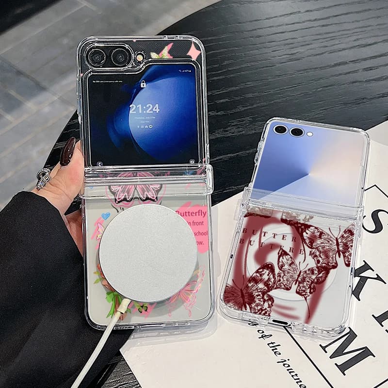 Custodia per telefono con motivo a farfalla magnetico per Samsung Galaxy Z Flip 7 FE 7 6 5 4 5G Flip7 Flip6 Flip5, cover posteriore rigida in PC compatibile con MagSafe