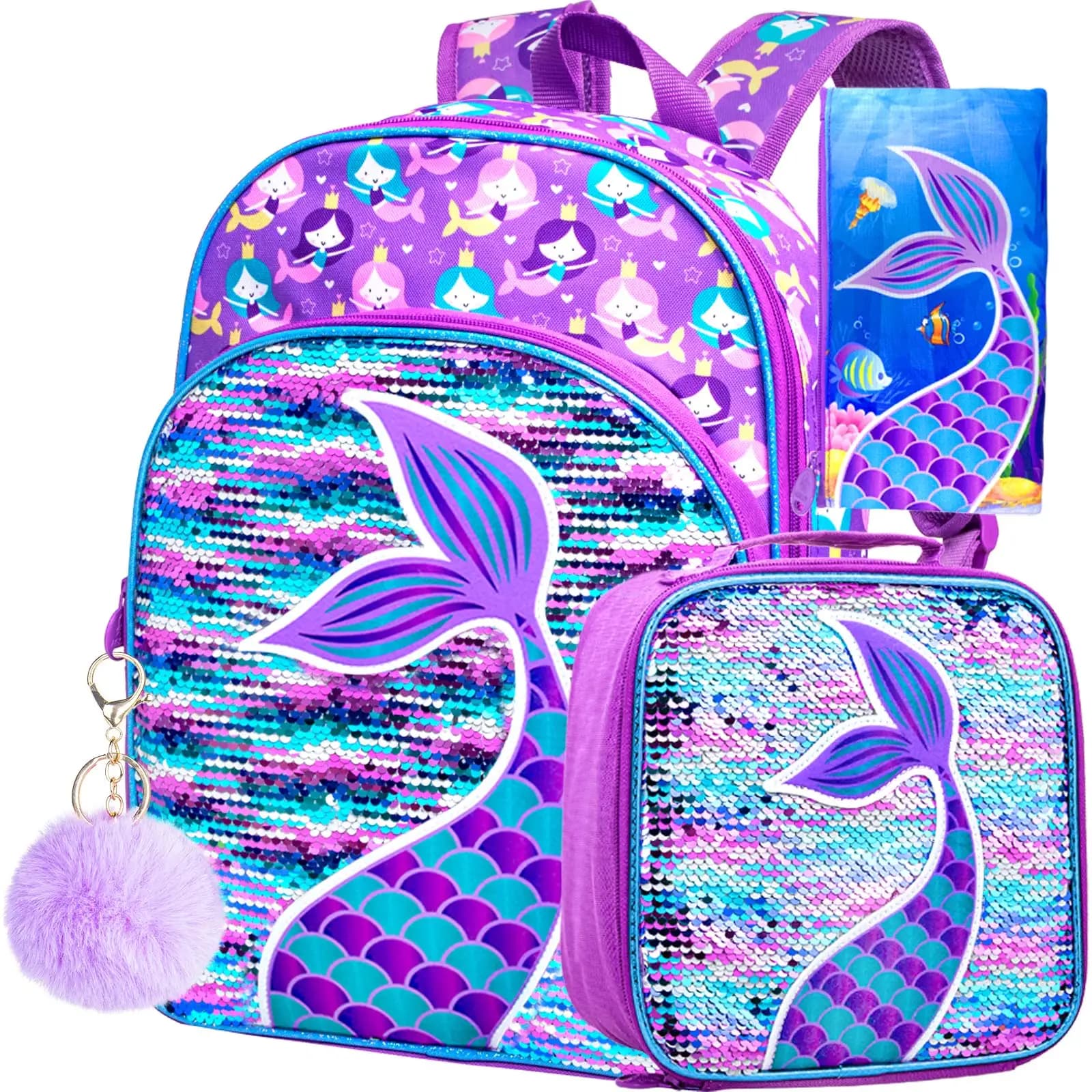 3Pcs Sequin Mermaid Tail Backpack Set For Girls 16Inch School Bag With Lunch Box Pencil Case