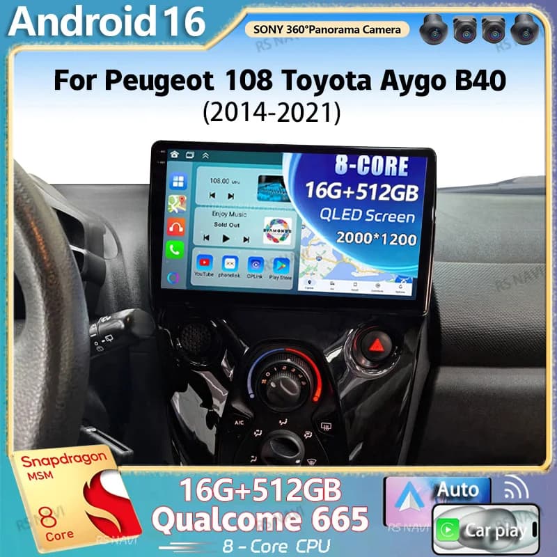 Android 15 Per Peugeot 108 Toyota Aygo B40 2014 - 2021 2K QLED Stereo Autoradio Lettore Video Multimediale GPS 4G CarPlay