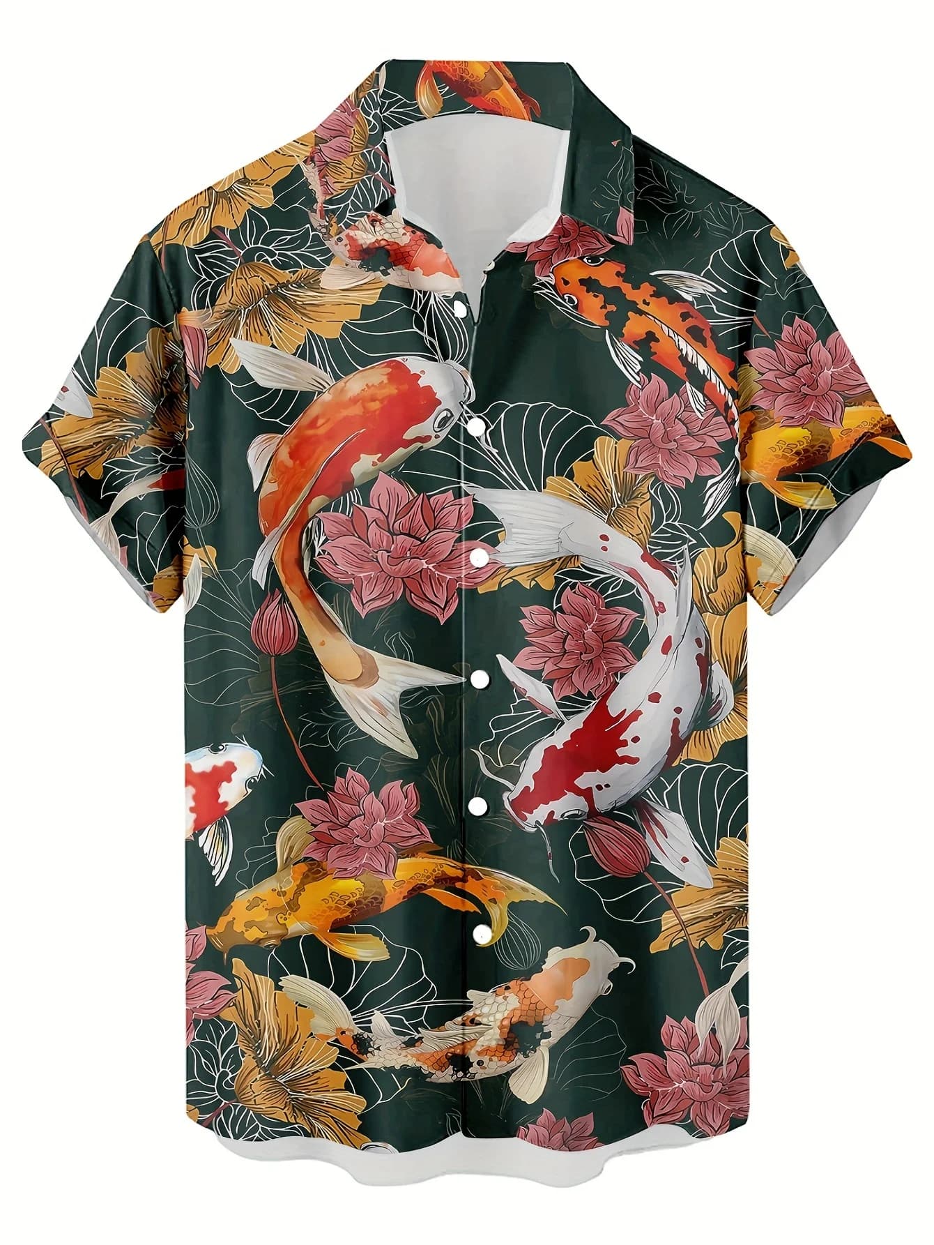 Men's Koi Fish Print Short Sleeve Shirt Summer Casual Hawaiian Style Button Down Blouse For Men Beach Vacation Streetwear