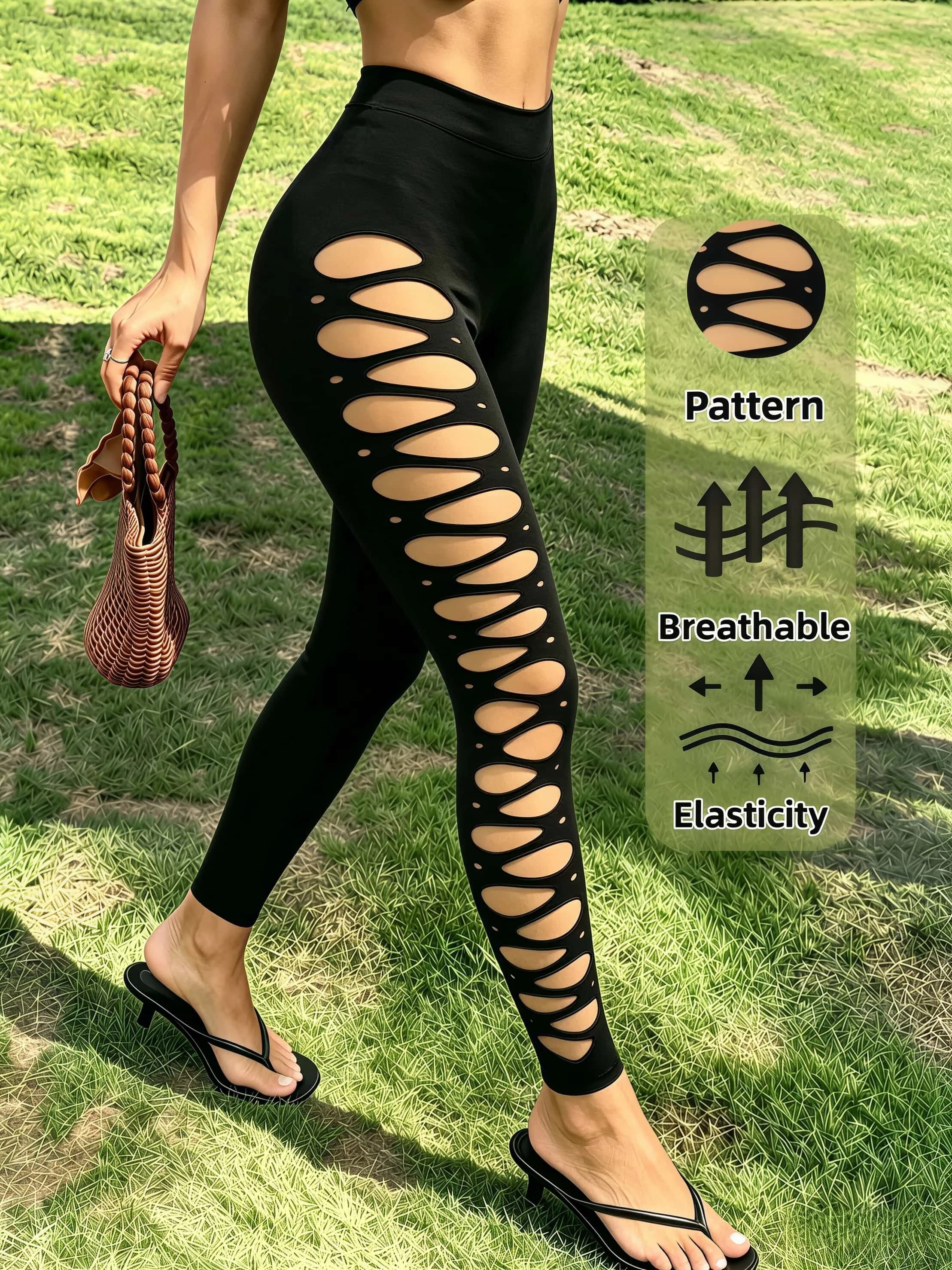 Women's Black Ladder Cutout Leggings High Elastic Breathable Sexy High Waist Capri Hollow Out Pants for Daily Night Out