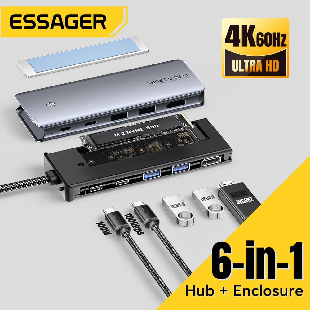 USB Hub C Essager with SSD M.2 6/7 hard disk housing in 1 PD100W USB3.2 10 Gbps USB Type C HDMI Adapter for MacBook Pro Air PC
