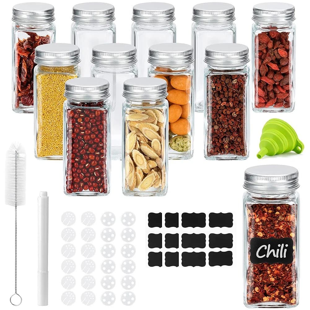【Vendita flash】Set di barattoli di spezie con coperchi - 12 agitatori - Contenitore di spezie quadrato in vetro da 120 ml per conservare le spezie