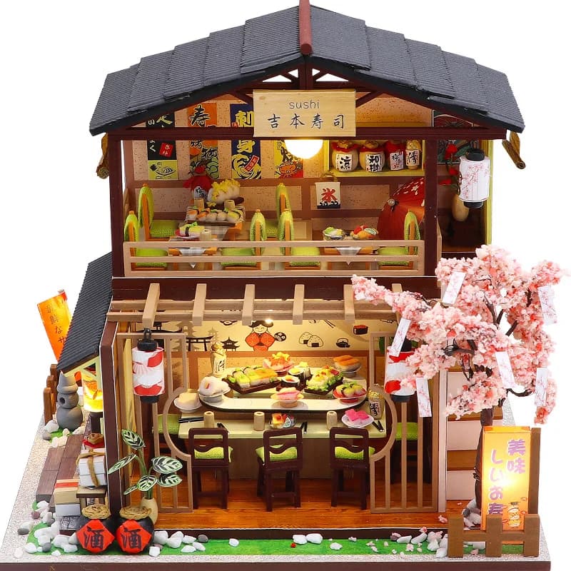 Kit modello in miniatura in legno fai-da-te Negozio di sushi giapponese Casa Case delle bambole Puzzle 3D Casa delle bambole con luci per mobili per regali di amici