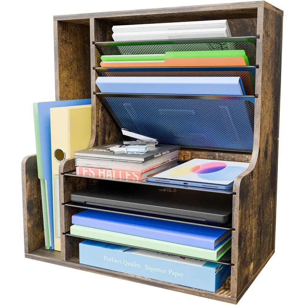 Organizzatore di file da scrivania a 7 livelli, vassoio per lettere in legno, organizer per carta con portadocumenti regolabile, organizer da tavolo in rete e portaoggetti f