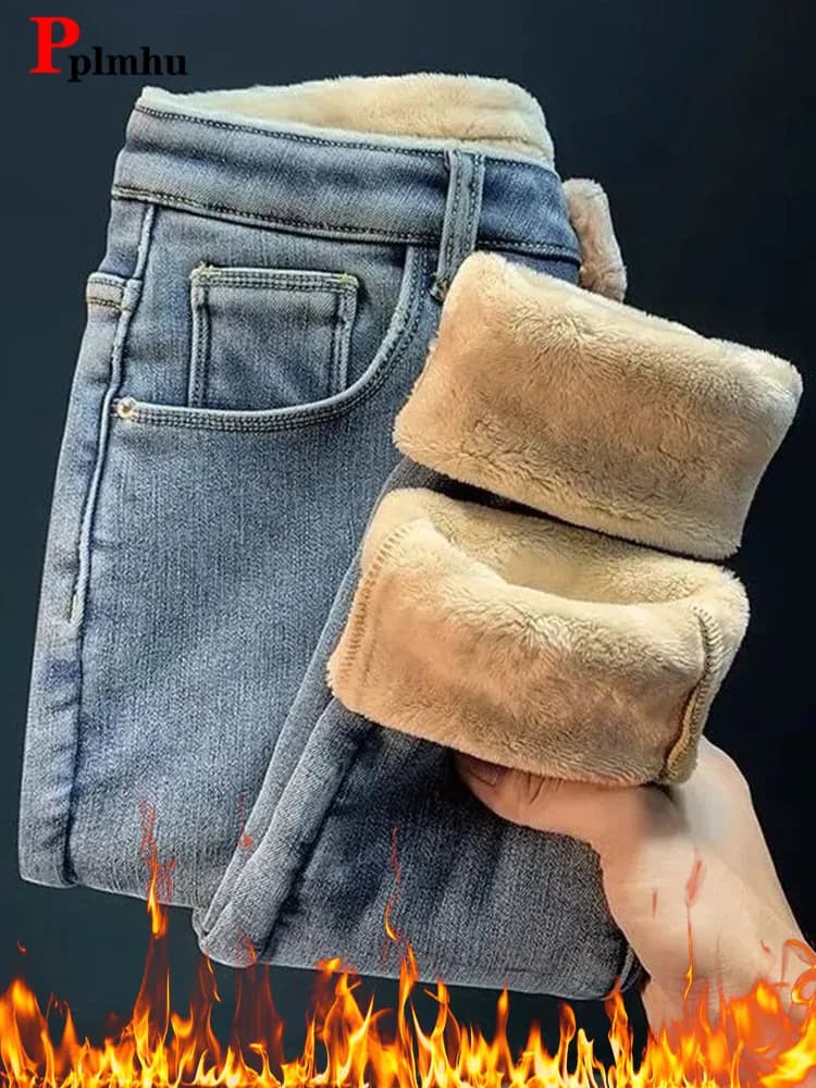 Jeans a matita foderati in pile caldo invernale Leggings elasticizzati a vita alta da donna Vaqueros Abbigliamento da neve Pantaloni in denim addensati vintage casual
