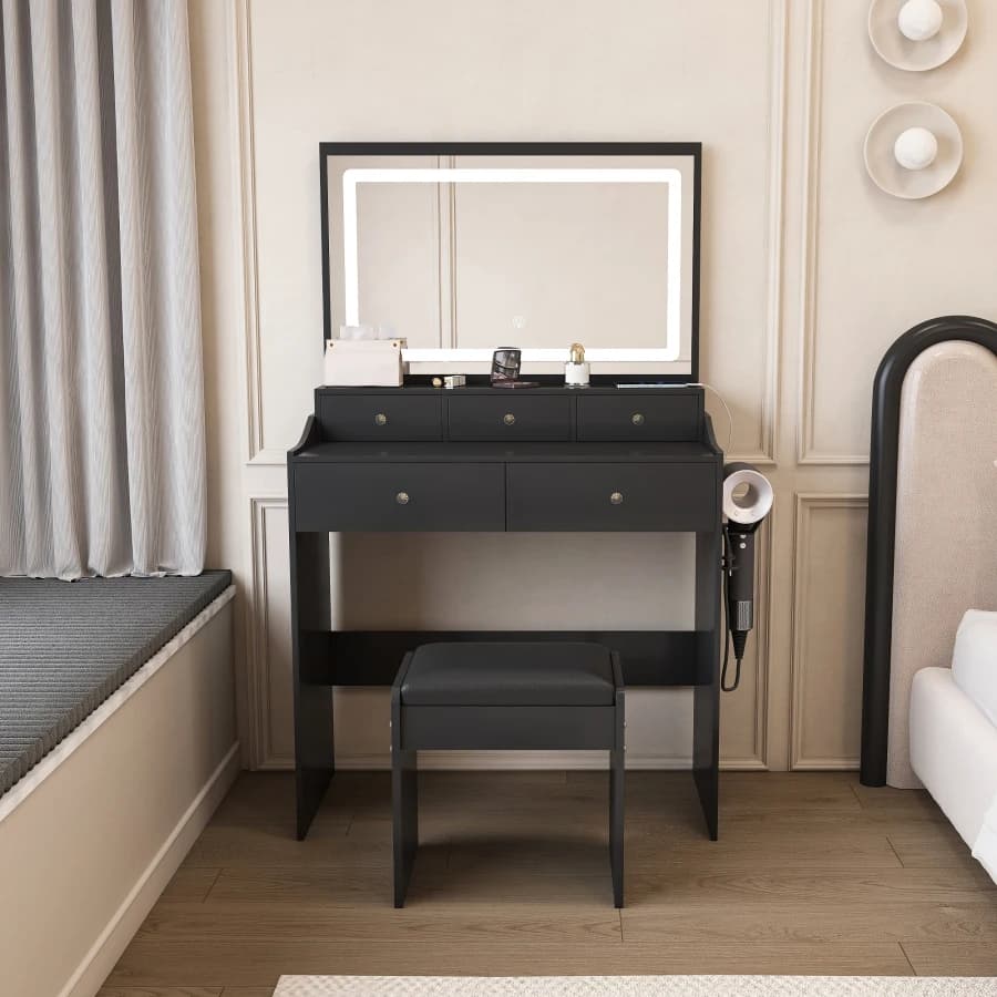 New Large Mirror Vanity Desk for Bed room, Modern Makeup Vanity Set with Power Outlet and Hair dryer holder, 5 Drawers, 3 Light