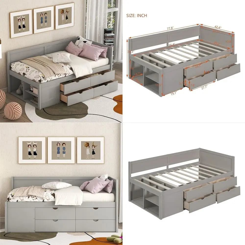 Wooden Daybed, Twin Size Bed Frame with Drawers and Storage Shelves for Bedroom, Wood Slat Support, No Box Spring Needed, Easy