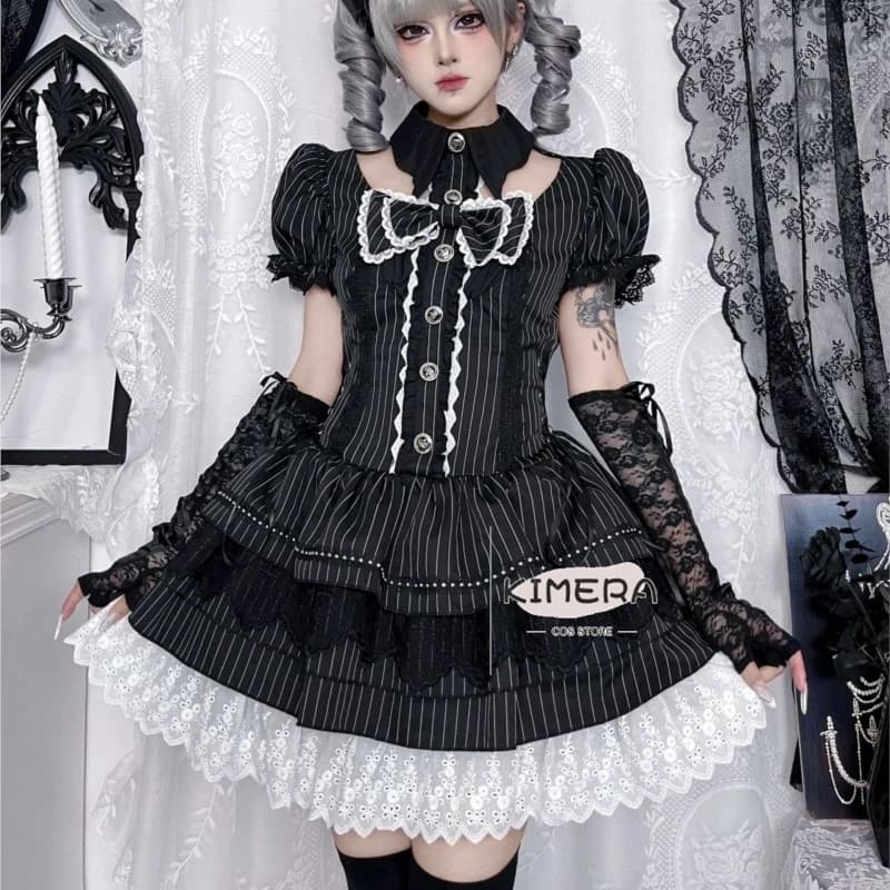 Kimera Store Jirai kei Subculture Dark Gothic Lolita Dress Sexy Hot GirlStyle Bat Collar Bowknot Fluffy Hem stripe