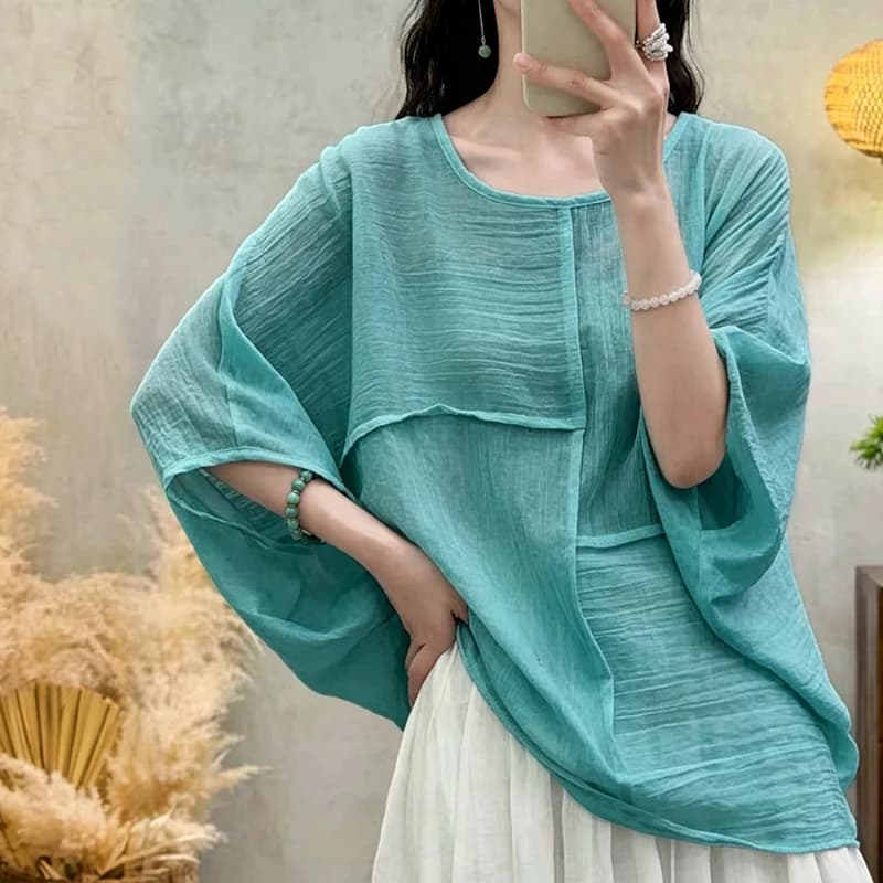 plus Size Women's Cotton Linen Short Sleeve T-Shirt Slimming Base Layer Shirt Summer New Style Conceal Meat Fashionable Top