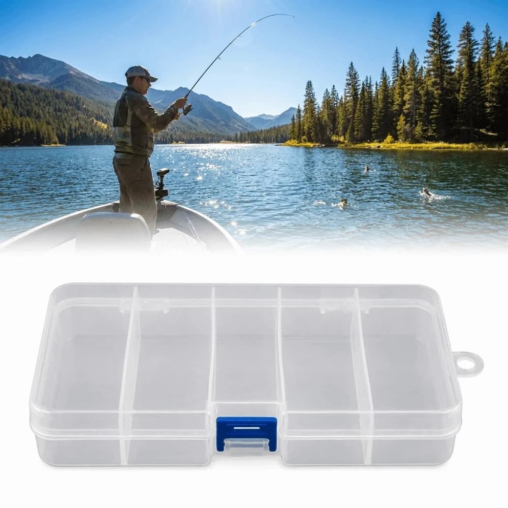 4PCS Clear Plastic Fishing Tackle Storage Box with Independent Latches Lightweight Fishing Lure Box 5 Grid Compartments
