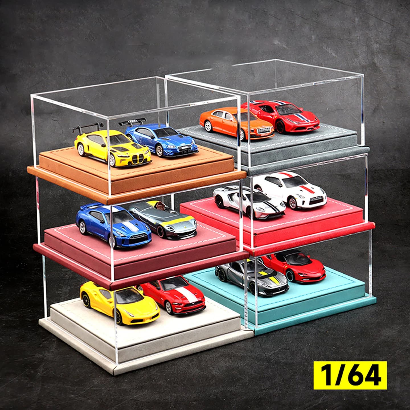 Espositore per Modellini Auto in Scala 1/64 con Copertura in Acrilico Trasparente e Base Colorata, Scatola Portaoggetti per Modellini di Auto