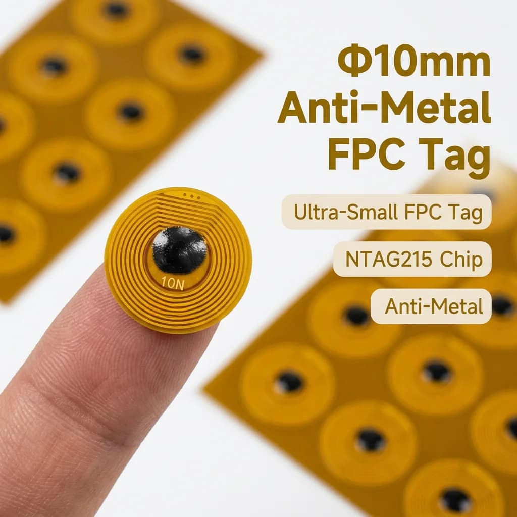 Tag NFC NTAG215 10mm Anti-Metal FPC 13.56MHz 504 Byte, Adesivo Impermeabile con Adesivo 3M per Superfici Metalliche e Gaming TagMo
