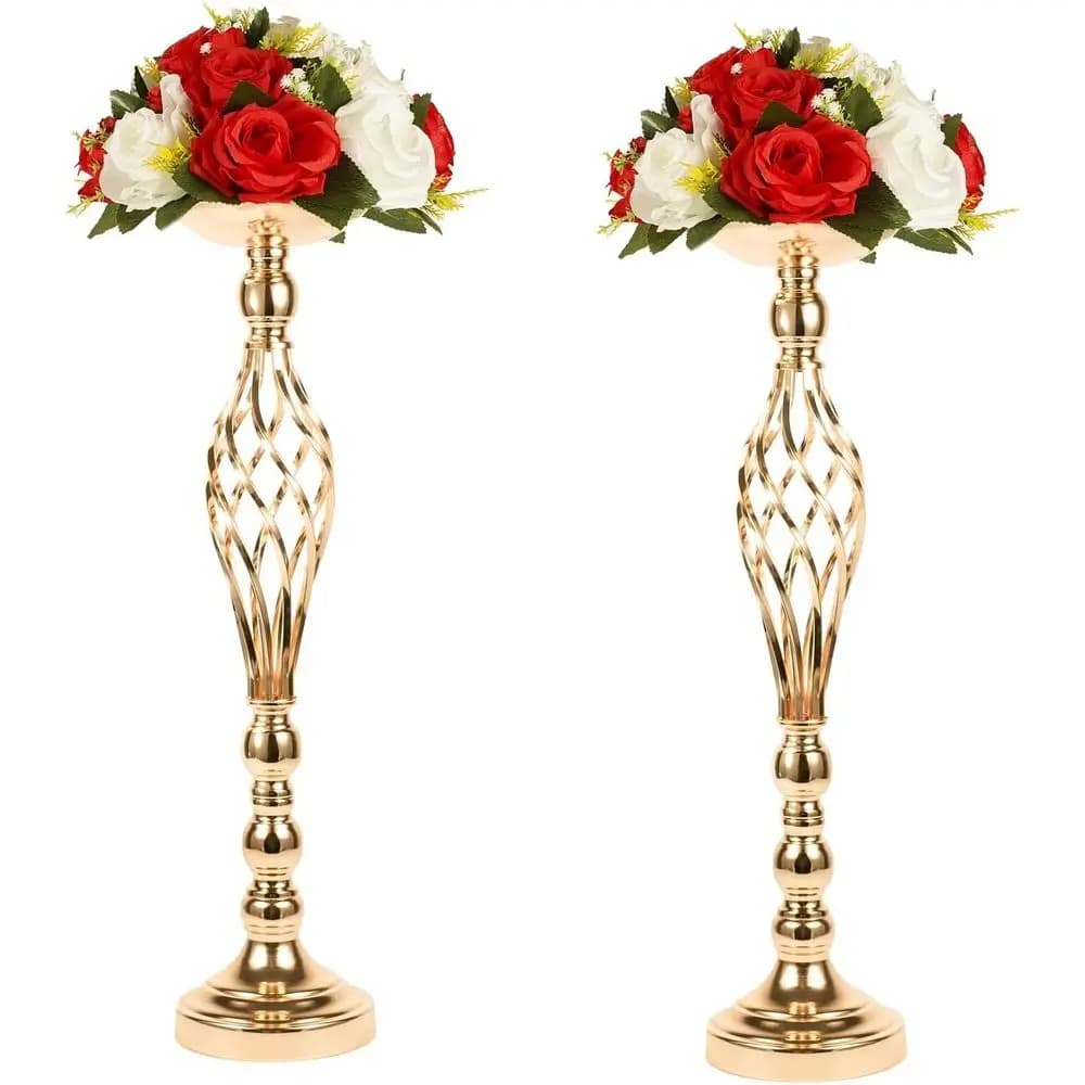 Set di 2 Portacandele in Metallo Dorato - Eleganti Candelabri a Colonna per Matrimoni o Centrotavola