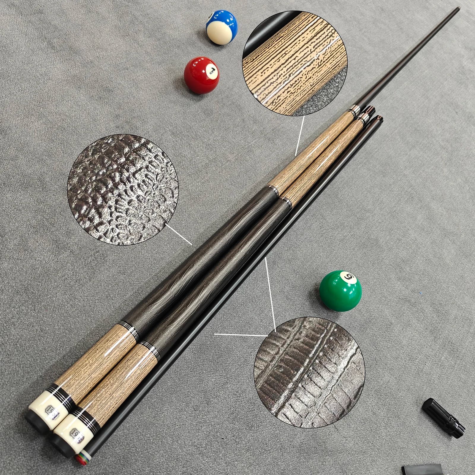 58" 1/2 Split Pool Cue (1 Piece), Imitation Wood Grain Butt, Lizard Leather Wrap, 13mm Large Tip, Extension Bumper