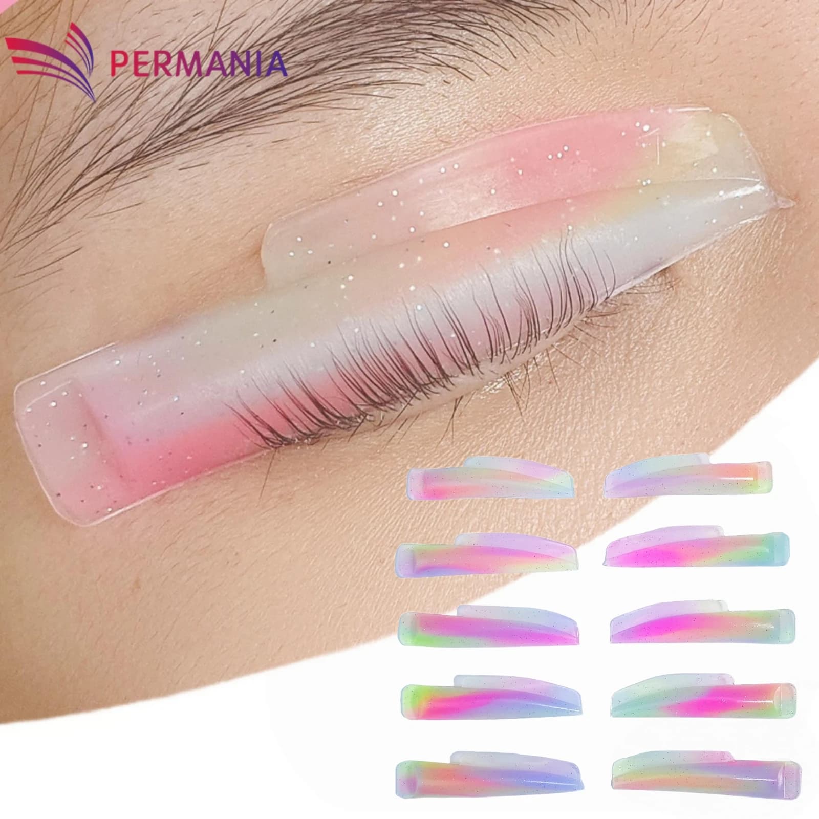 PERMANIA 5 Paia di Cuscinetti in Silicone per Permanente e Laminazione Ciglia, Riutilizzabili, per Sollevamento Ciglia, Strumento Applicatore per Extension Ciglia 3D
