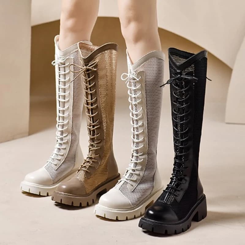High knee boots on the net of the new summer women 2025 Cavalry boots with laces with medium breathable heel Long female ankle boots with thick heel