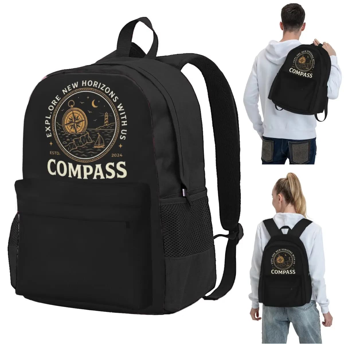 Compass Explore New Horizons Backpack Student BookBag Children School Bag Laptop Shoulder Bags for Men Women