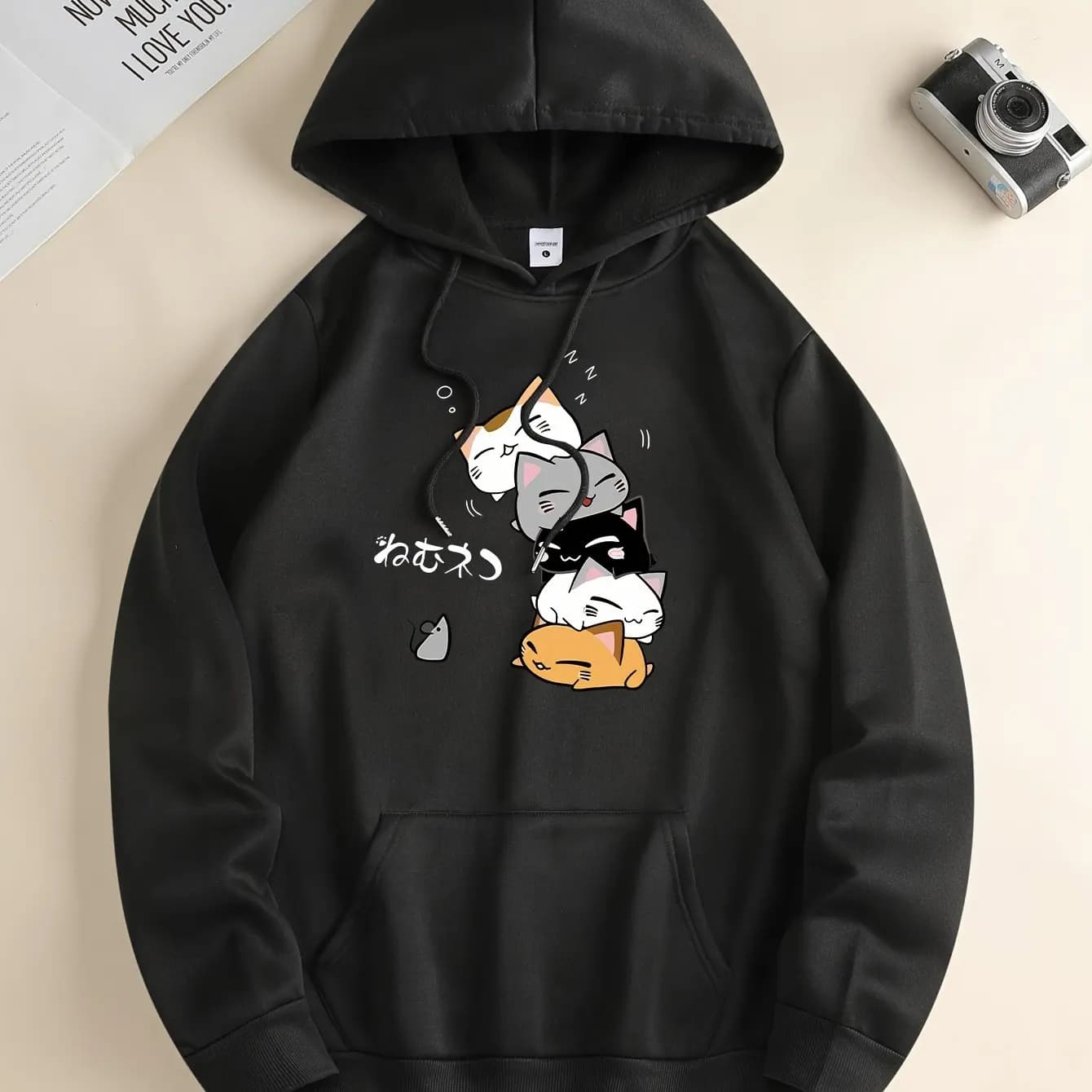 Men's hooded pullover with cute cartoon with cat pattern and mouse, casual pullover with pouch pockets, pullover with spring and autumn hood