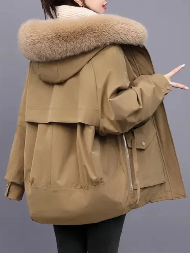 Korean Style Women's Parka Coat Thickened Warm Cotton Jacket with Fur Collar Mid-Length Casual Winter Outerwear
