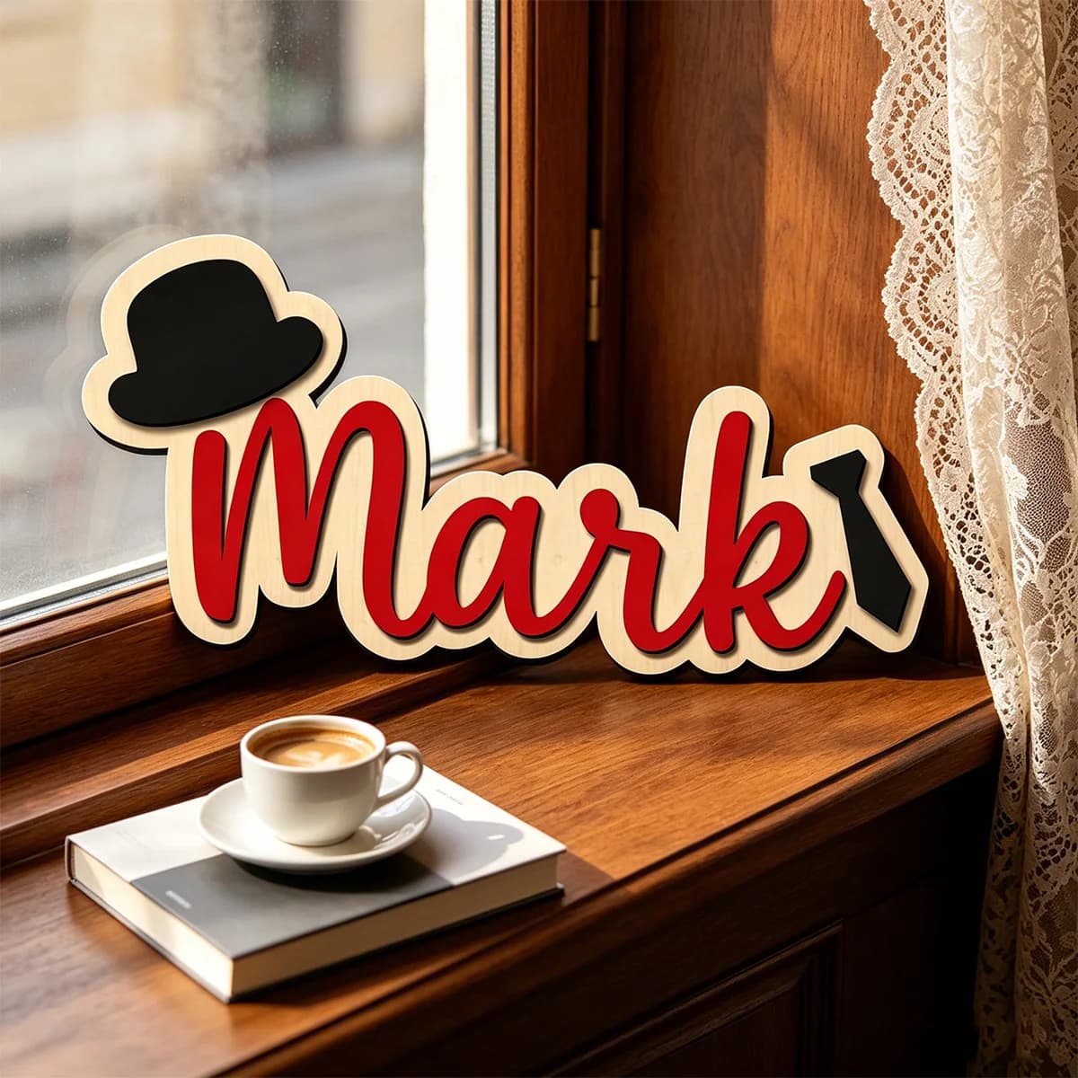 1pc wooden logo, customized name/letter, cute hat and tie pattern, ideal gift for little boys, decorating children's rooms