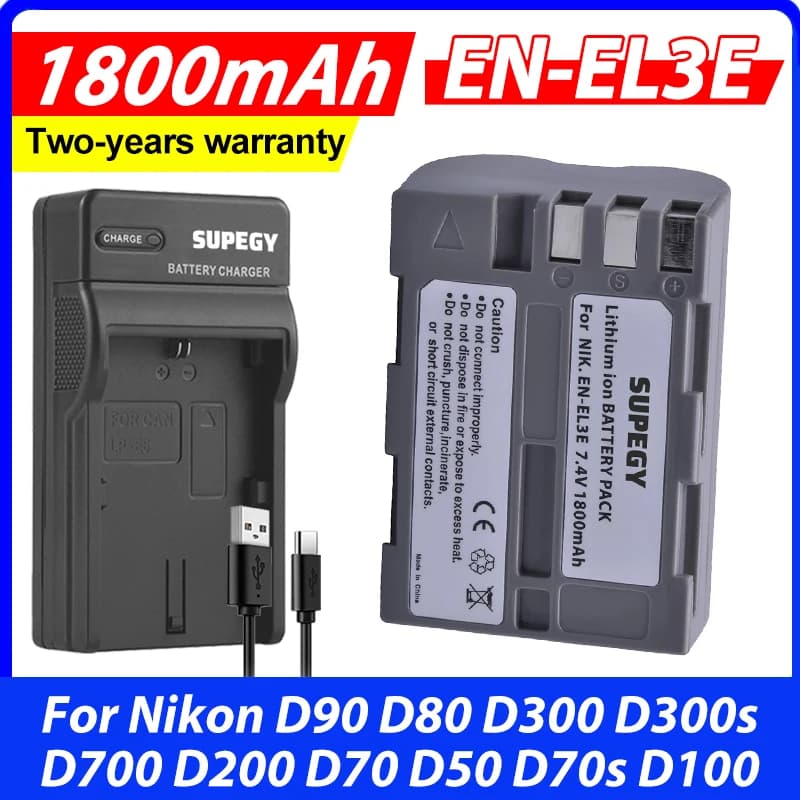 Batteria EN-EL3E EN EL3E + Caricabatterie USB per Fotocamere Nikon D90 D80 D300 D300s D700 D200 D70 D50 D70s D100