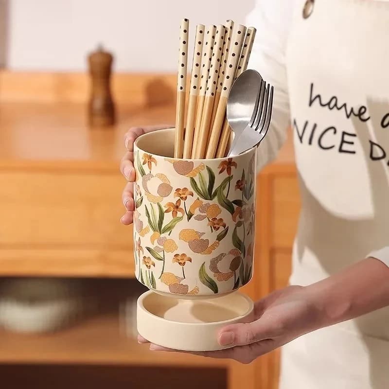 French Iris Shape Ceramic Bacchette holder, Anti-muffe container with drainage for Bacchette, Knives and Cucchiai, Kitchen Tools