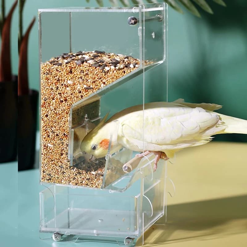 Automatic No Mess Bird Feeder for Cage Transparent Acrylic Birds Parrot Food Container with Perch for Small and Medium Birds