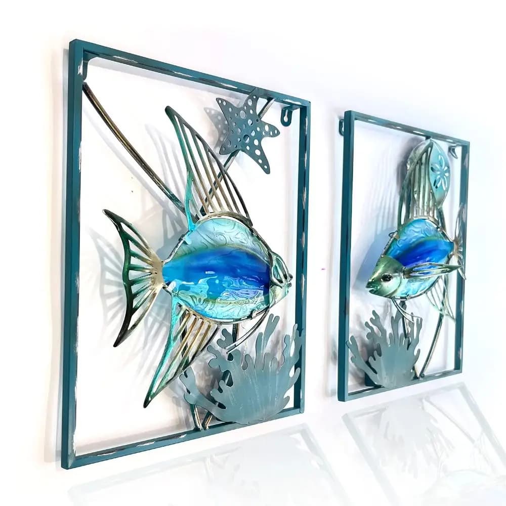 Decorazione da parete in metallo a forma di pesce con cornice, arte da parete per esterni, decorazione da parete con luci LED a filo, scultura da parete in vetro a forma di pesce per patio, spiaggia